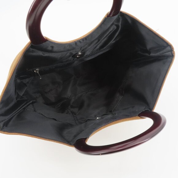 Embroidered Flower Flower Butterfly Tan Faux Suede Wood Handle Tote Bag Handbag - Picture 5 of 9